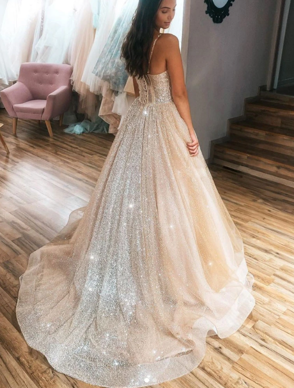 Champagne sweetheart tulle sequin long prom dress tulle formal dress cg13210