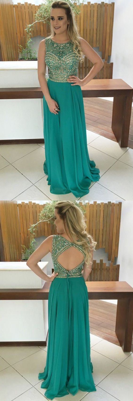 A-Line Jewel Sweep Train Green Chiffon Open Back Prom Dress With Beading cg13213