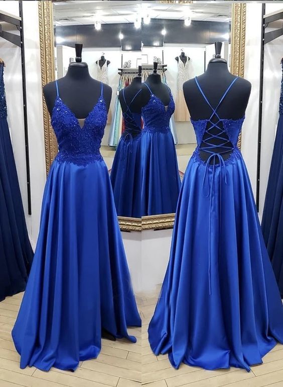 Royal Blue Satin Lace Long A Line Prom Dress cg13221