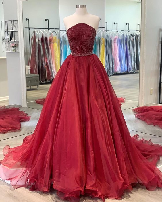 Burgundy Tulle Strapless A Line Long Prom Dress Backless Beaded Evening Dress cg13222