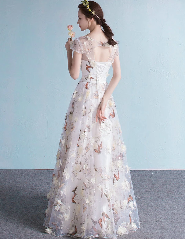 Elegant Flowers Tulle Cap Sleeves Prom Dres, A-Line Long Prom Dress cg13260