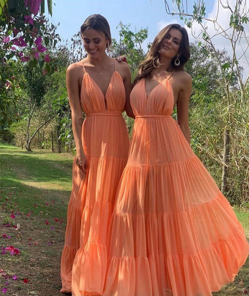 ORANGE V NECK CHIFFON LONG PROM DRESS SIMPLE EVENING DRESS cg13267