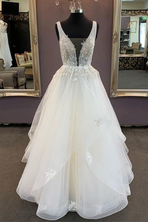White v neck tulle lace long prom dress, white tulle evening dress cg13270