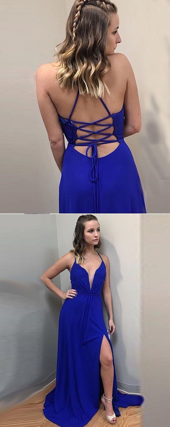 Long Blue Chiffon Spaghetti Ruched Prom Dress with Front Slit cg13271