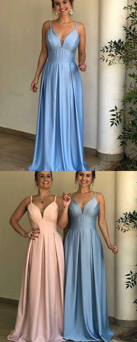 Simple Spaghetti Straps Blue Pleated Satin Prom Dress cg13295