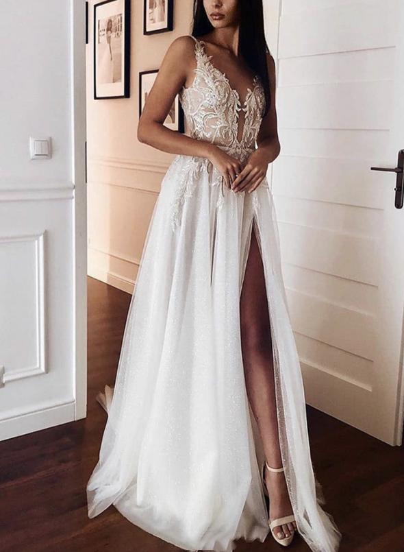 White v neck tulle lace long prom dress evening dress cg13301