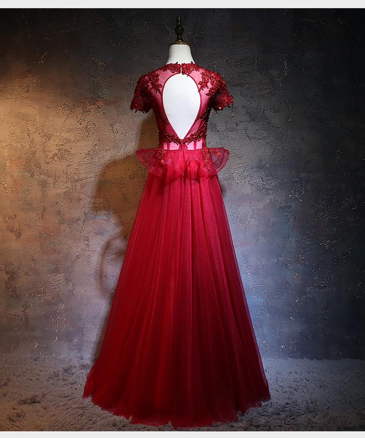 Beautiful Red Tulle Long Prom Dress, A-Line Cap Sleeves Formal Dress 2021 cg13302
