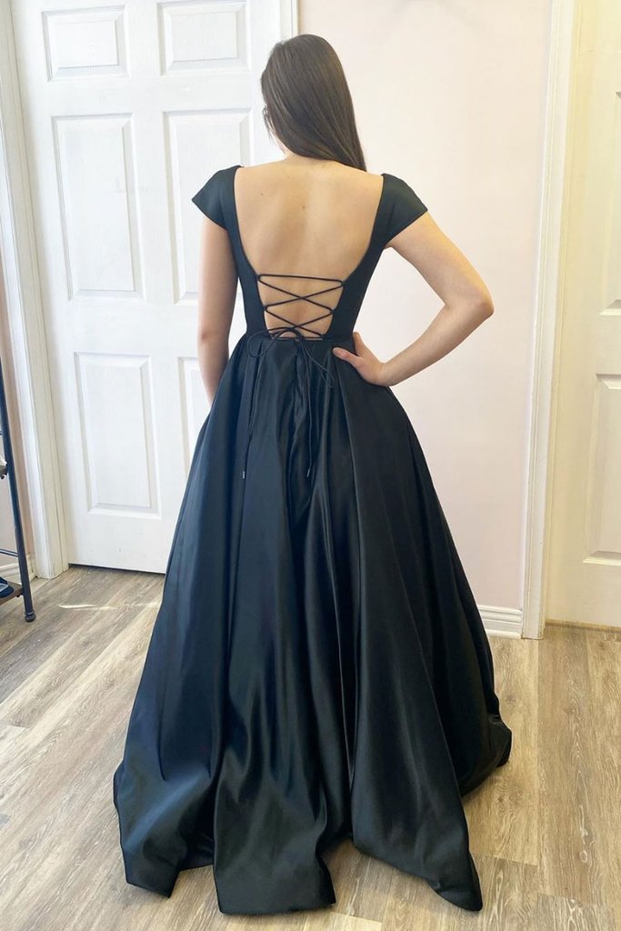 SIMPLE BLACK SATIN LONG PROM DRESS BLACK SATIN EVENING DRESS cg13303