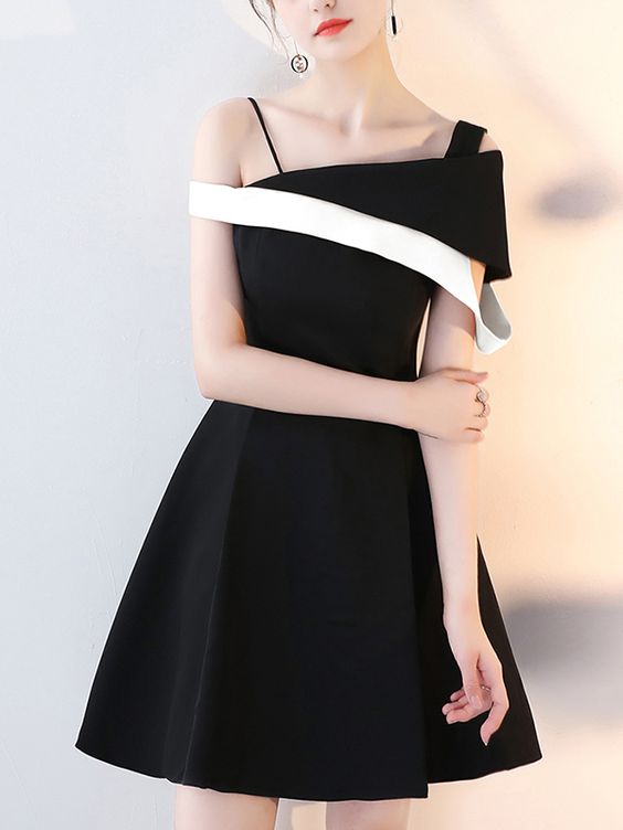 Black Contrast Skew Neckline Slip Mini Dress Homecoming Dress cg13317