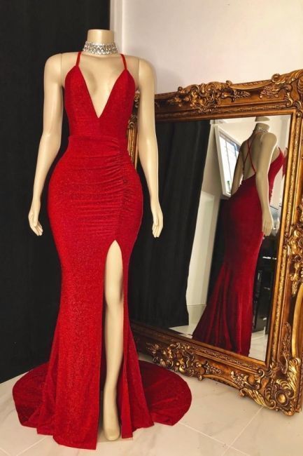 Spaghetti Straps Floor Length Red Prom Dresses with High Slit cg12324