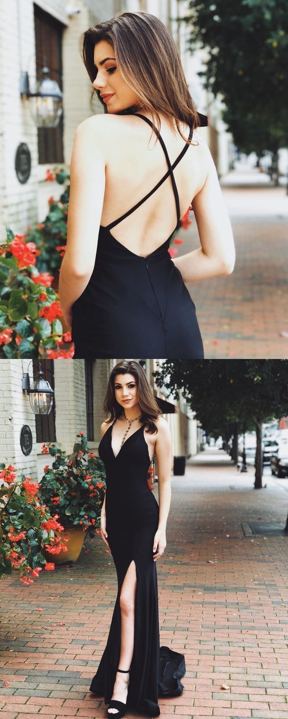 Mermaid Deep V-neck Black Backless Split Prom Evening Dress with Train cg13333