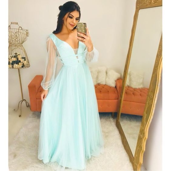 Elegant A-line Long Prom Dresses Mint Green Tulle Long Sleeves Women Evening Dress cg13354