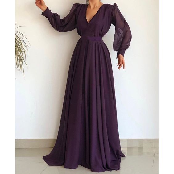 Elegant Purple Chiffon Long Prom Dresses Plus Size V Neck A Line Long Sleeve Women Evening Dress cg13355