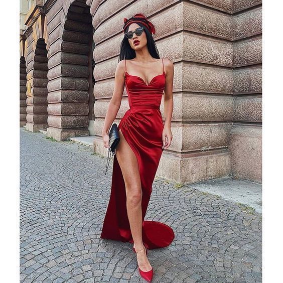 Fashion Sexy Red Prom Dresses Spaghetti Strap High Slit cg13356