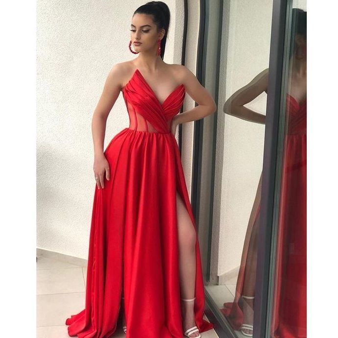 Sweetheart Red Prom Dresses Illusion Bodice Slit Satin Elegant A Line Formal Evening Dress Long Graduation Gowns cg13357