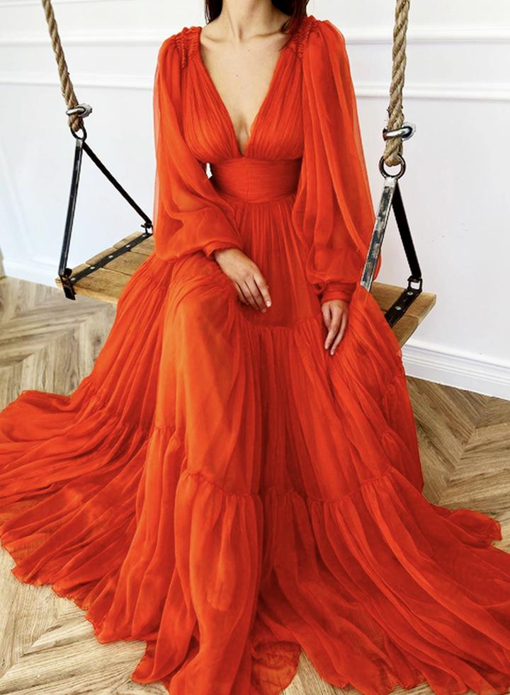 Red v neck long prom dress long sleeve dress cg13368