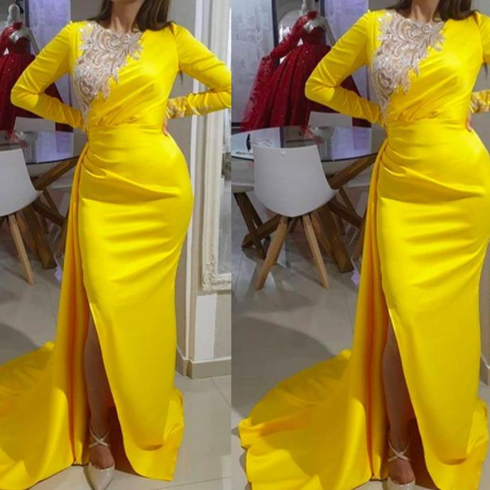 yellow prom dresses 2021 crew neckline lace appliques long sleeve mermaid side slit long evening dresses gowns cg13398