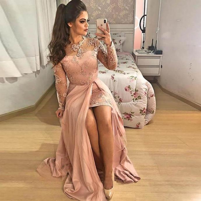 Benutzerdefinierte O-Ausschnitt Langarm Applique Spitze KEINE Schleppe Satin Neue Prom Party Kleid Gerade Abendkleider Oberschenkel-High Slits Kleider cg13409