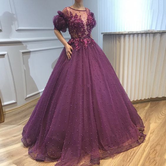 Purple tulle lace long prom dress, evening dress cg13412