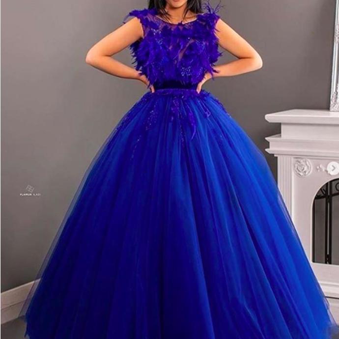 royal blue prom dresses 2020 sheer crew neckline feather beading sequins ball gown tulle long evening dresses gowns cg13435
