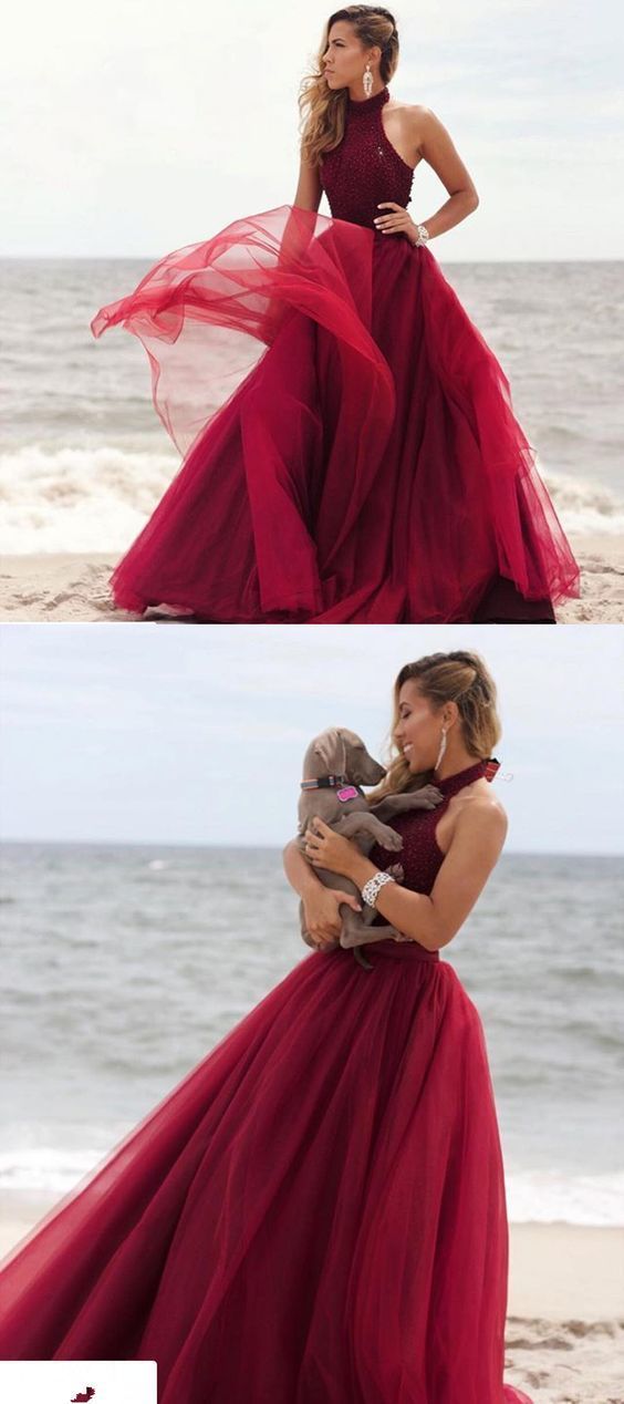 Halter Dark Red Long Tulle Prom Dress Evening Dress cg13477