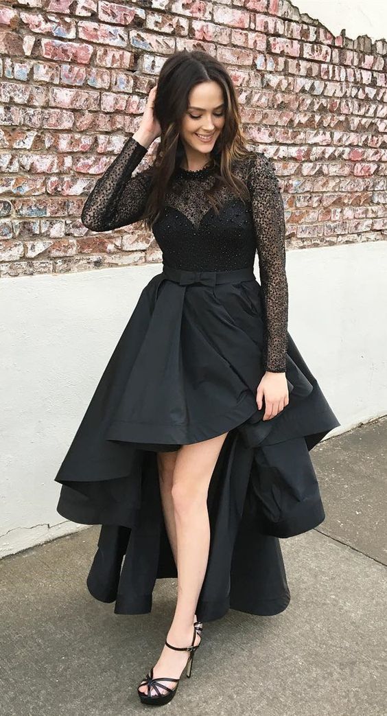 Black Long Prom Dress, Long Sleeves Long Prom Dress, High Low Long Prom Dress cg13480