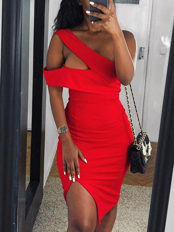 Solid One Shoulder Cutout Slit Bodycon Dress Homecoming Dress cg13484