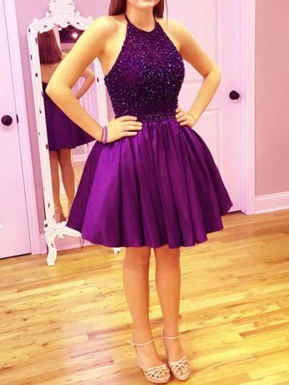 Short Open Back Party Dress,Purple Homecoming Dress,Halter Neckline Purple Cocktail Dress cg13495