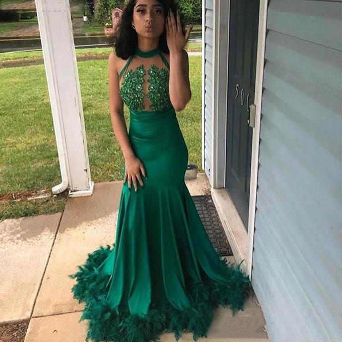 new lace applique feather green sexy mermaid black girl prom dress beautiful evening gown custom cg13523