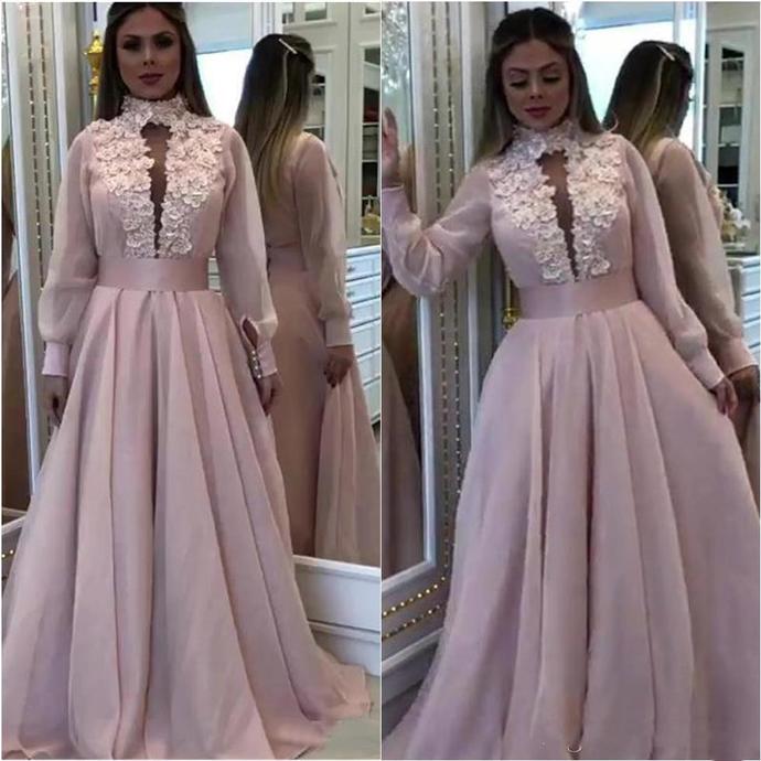 2020 Newest Arabic Dubai Prom Dresses Appliques High Neck Long Sleeves 3D Flower Bead Formal Wear Floor Length Chiffon Evening Gown cg13525