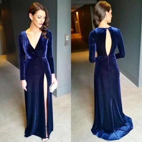 Sexy Keyhole Back Navy Blue High Split Evening Dresses Long Sleeves V Neck Floor Length Velvet Prom Dresses cg13528