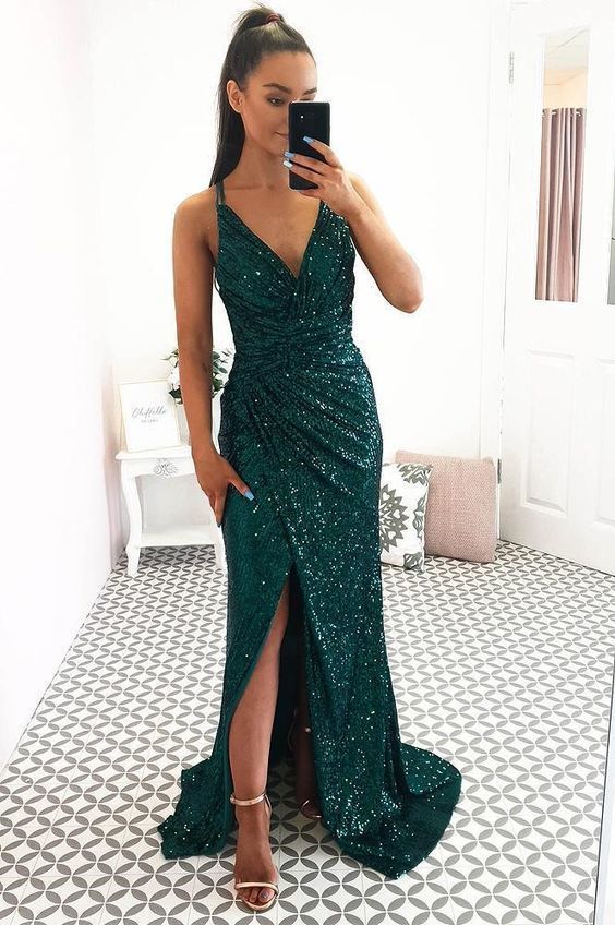 Green Fitted V Neck Prom Dress For Girl Sequin Backless Formal Gown Side Slit cg13532