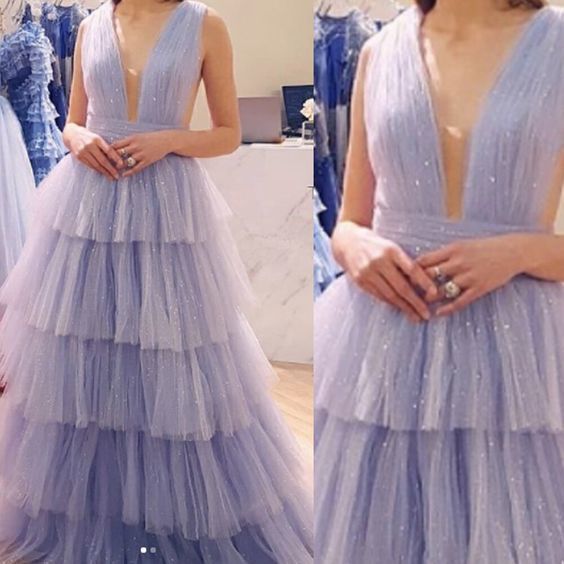 Lavender prom dresses deep v neck pleats a line tiered long tulle long evening dresses cg13537