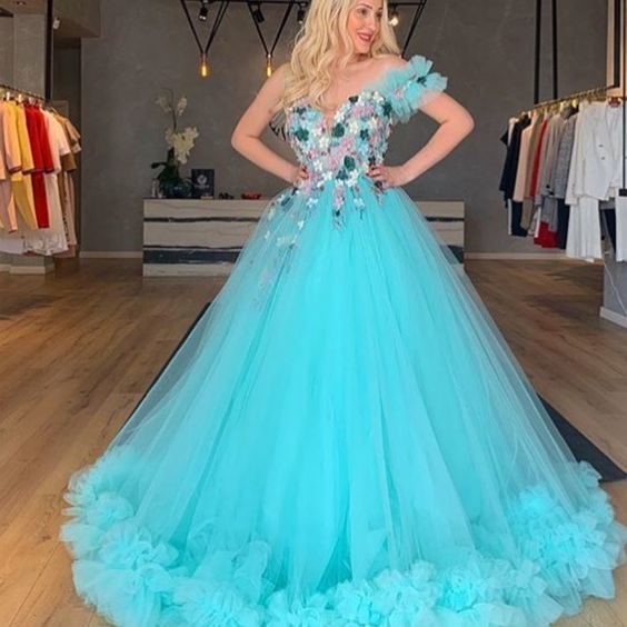 One Shoulder Prom Dresses Blue Ruffle One Shoulder Hand Made Flowers Tulle Ball Gown Evening Dresses cg13538