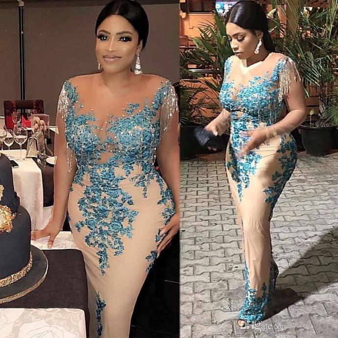 Prom Dresses with Tassel 2020 Plus Size African Nigerian Lace Sequins Sheath Sheer Neck Long Sleeves Evening Party Wear cg13542