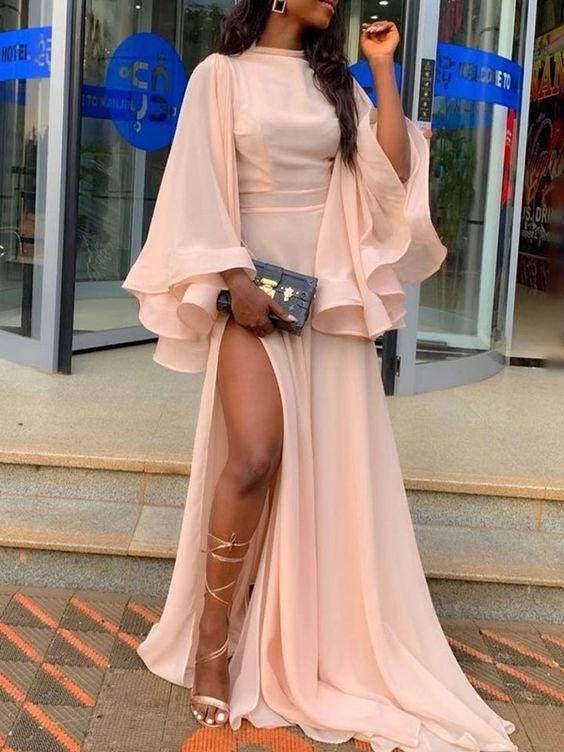 chiffon prom dresses 2020 crew neck long sleeve side slit pink floor length evening dresses gowns cg13547