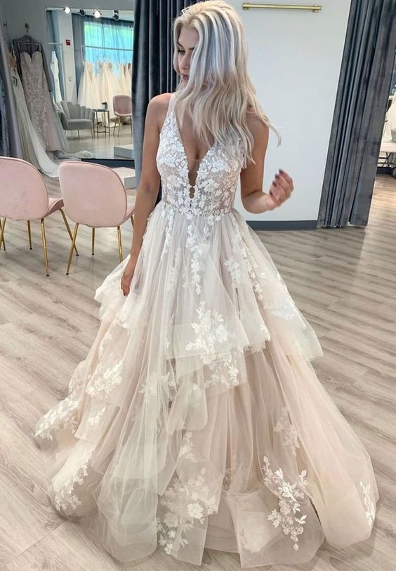 Elegant v neck lace long prom dress, evening dress cg13574