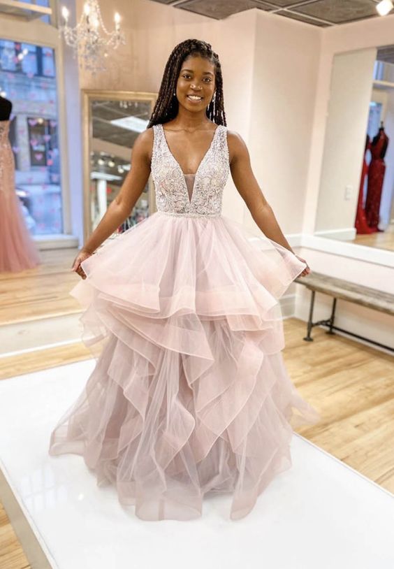 Stylish v neck tulle beads prom dress evening dress cg13581