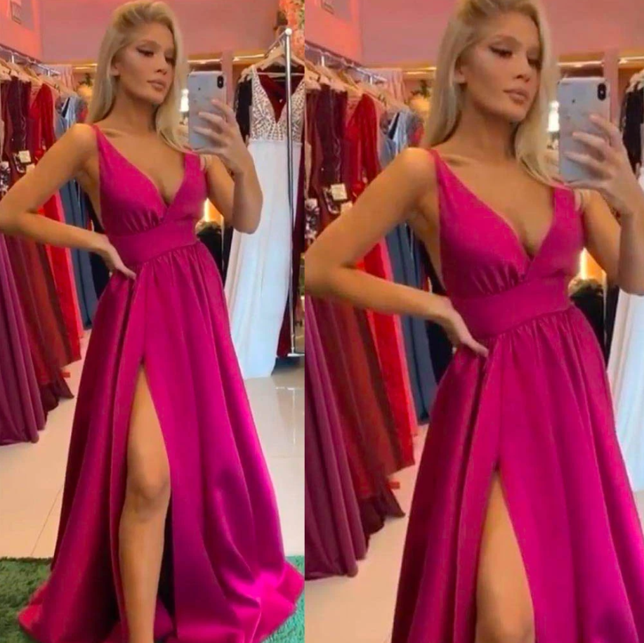 red prom dresses 2020 deep v neck side slit a line satin floor length evening dresses arabic formal dress cg13591