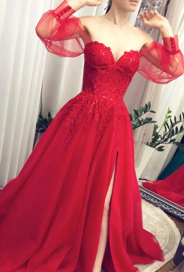RED TULLE LACE LONG PROM DRESS RED TULLE EVENING DRESS cg13606