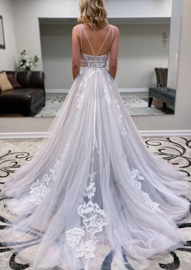 GRAY V NECK TULLE LACE LONG PROM DRESS GRAY TULLE EVENING DRESS cg13607