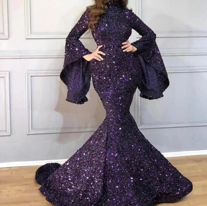 purple prom dresses 2020 high neck sequins mermaid long sleeve sparkly sequins evening dresses cg13612