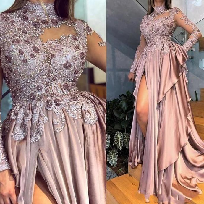 Arabic High Neck Evening Dresses Illusion Long Sleeves Prom Dress With Beads Sequins Appliques Side Split Plus Size Party Gown cg13614