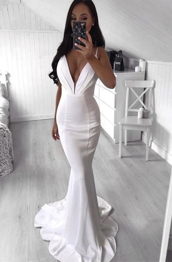 White v neck spaghetti straps long prom dress mermaid evening dress cg13637