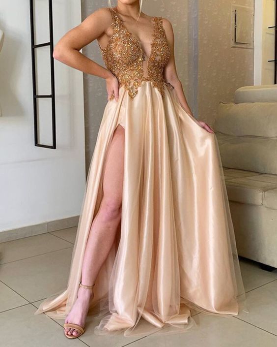 Elegant Tulle Prom Dresses Lace Beaded Leg Split cg13640