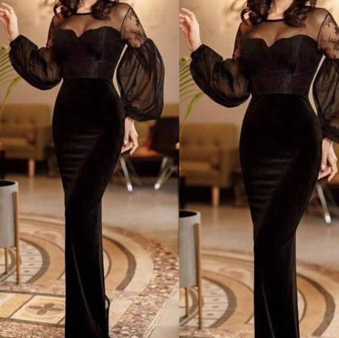 black prom dresses 2020 long sleeve lace mermaid crew neck evening dresses cg13649