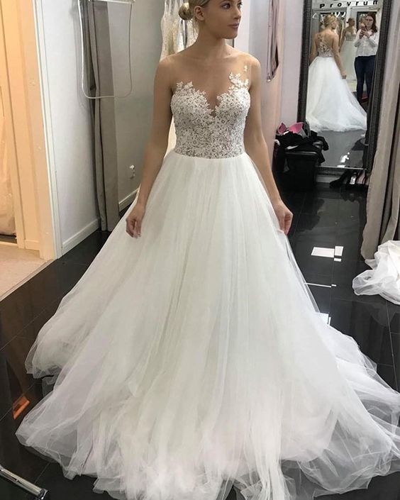 Sheer Neck Lace Bodice Pleated Tulle White Prom Dress cg13665