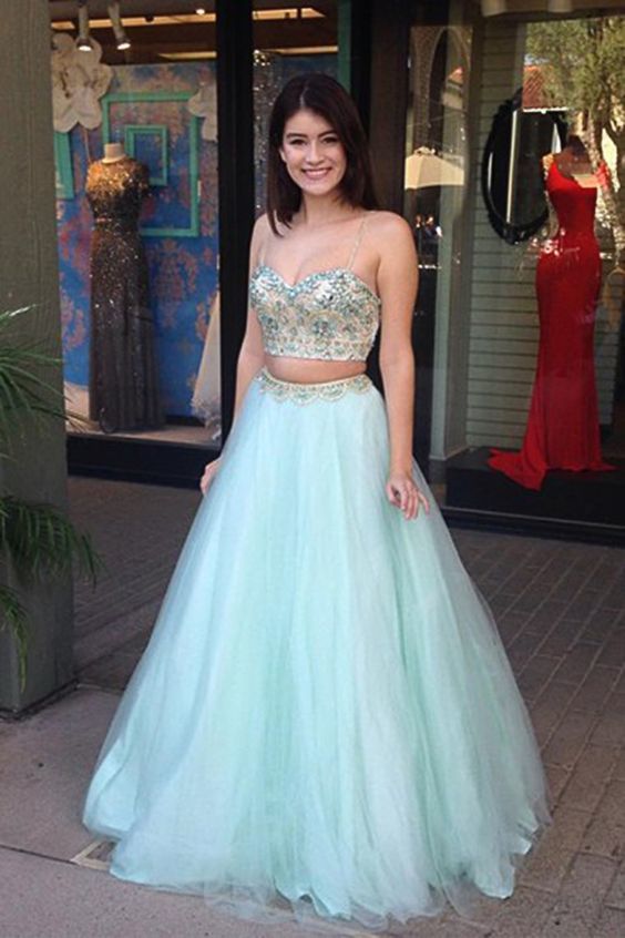 Mint Tulle Two Piece Spaghetti Straps Floor Length Prom Dress with Beading cg13672