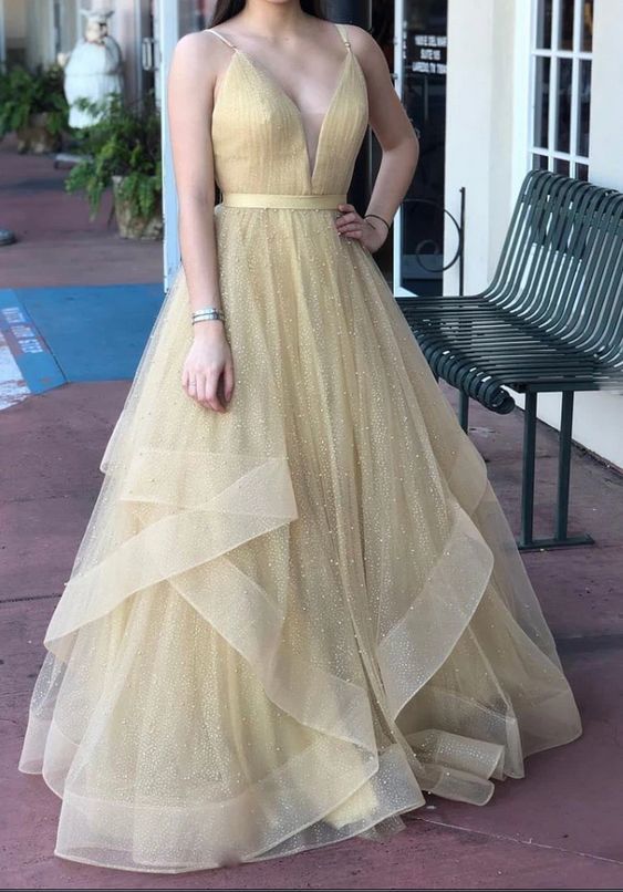 Champagne V Neck Tulle Long Prom Dress, Champagne Tulle Formal Dress cg13674