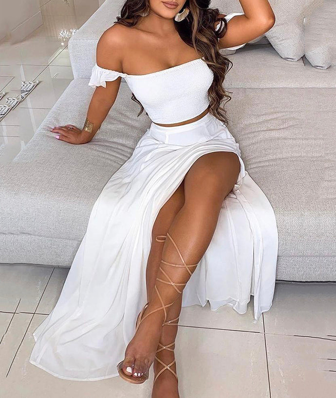 WHITE TWO PIECES PROM DRESS WHITE CHIFFON EVENING DRESS cg13676